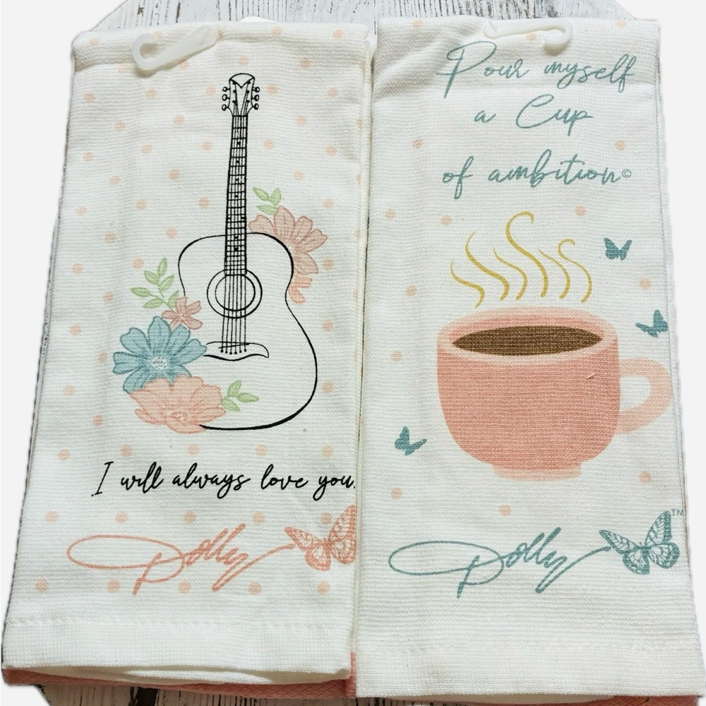 Dolly Parton Kitchen Towels NEW W/ Tags Set I Will Always Love you Cup of Ambiti